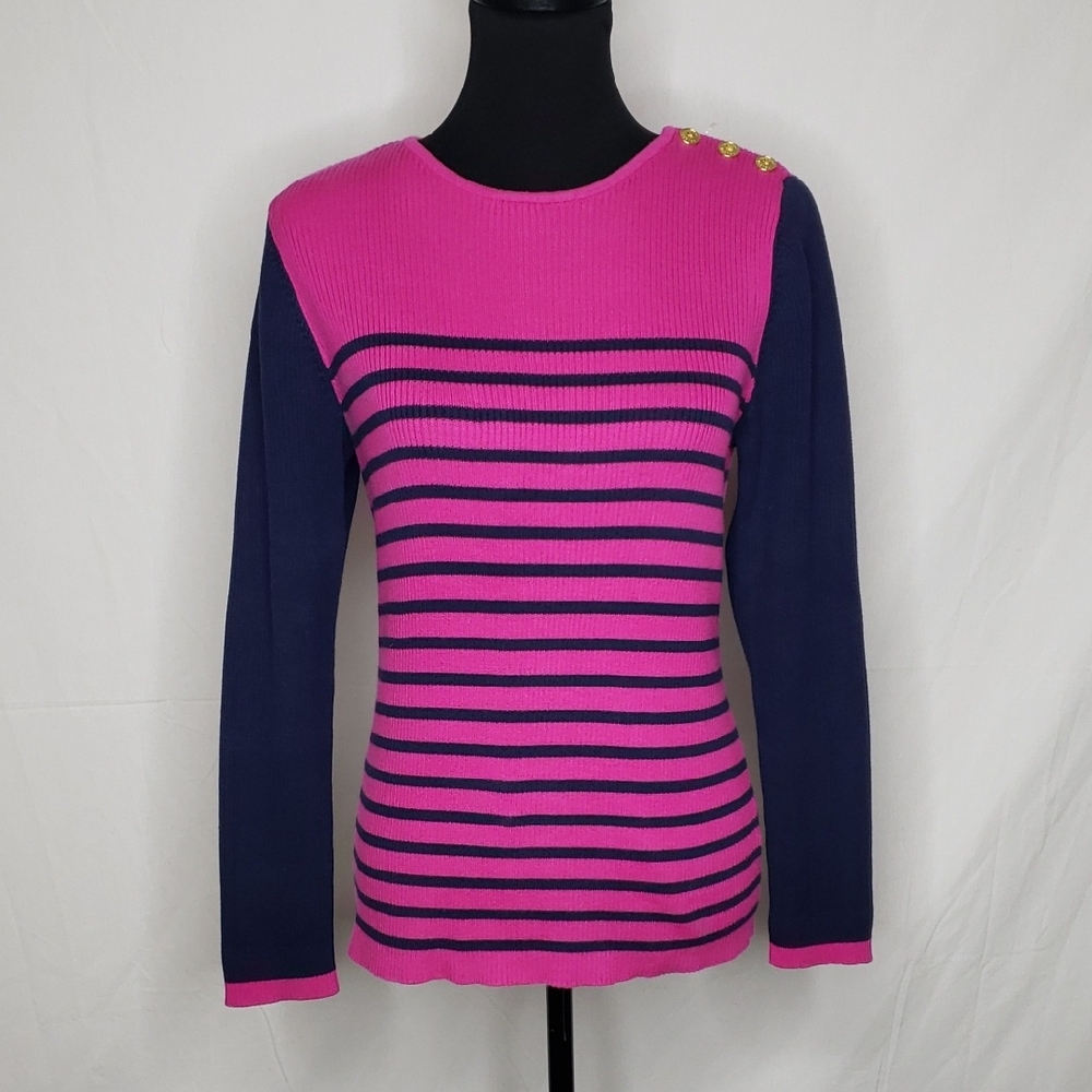 Lauren Ralph Lauren Stripe Cotton Long Sleeves Knit Sweatshirt Size L Preppy - Picture 2 of 15